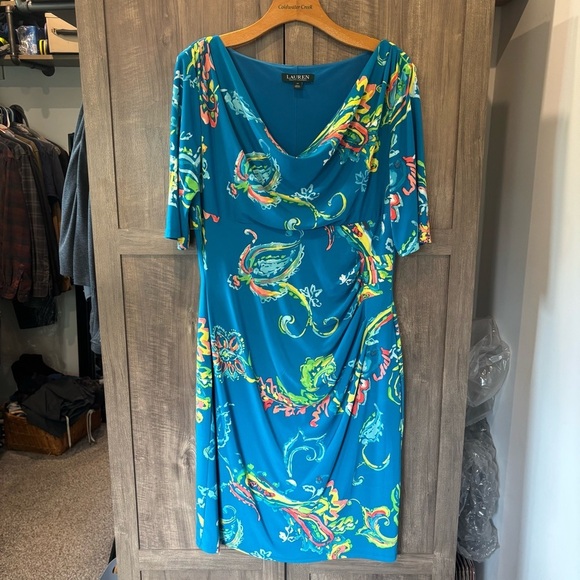 Lauren Ralph Lauren 14 Teal Blue Sheath Dress Paisley Print side ruched - Picture 1 of 11